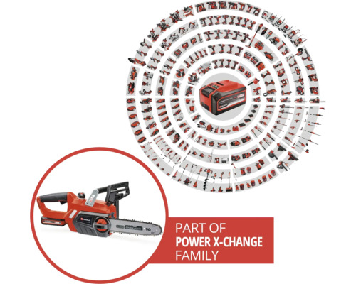 Familia de acumulatori Einhell Power X-Change cu drujbă și acumulator