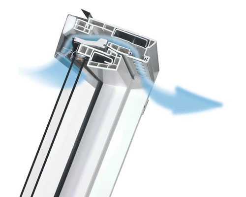 Secțiune transversală a ferestrei de mansardă cu sistem de ventilație