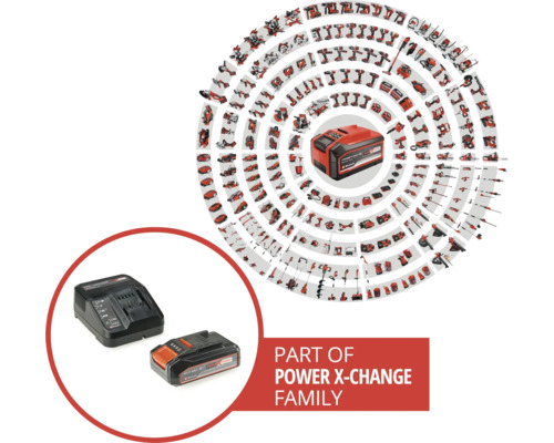 Acumulator și încărcător Einhell Power X-Change în set cu prezentare generală a sculelor
