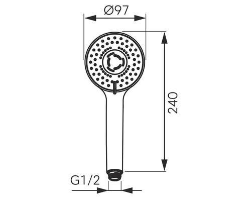 Desen tehnic al unui duș de mână cu dimensiuni: diametru 97 milimetri, lungime 240 milimetri, filet G 1/2