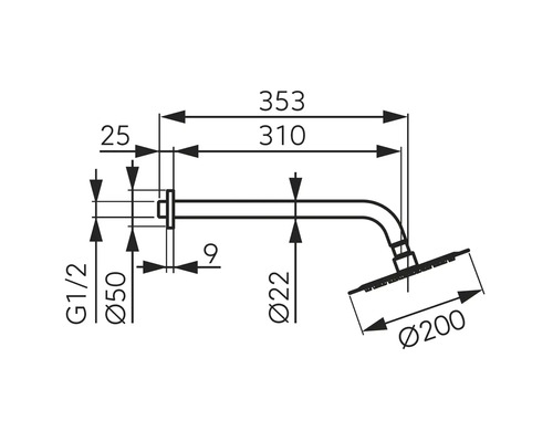 Desen tehnic al unui cap de duș cu dimensiuni.