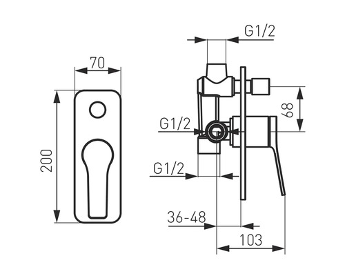 Desen tehnic al unei baterii încastrate cu dimensiuni
