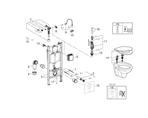 Desen explodat al unui sistem de instalație WC cu rezervor de spălare și placă de acționare, precum și elemente de conectare și fixare aferente.