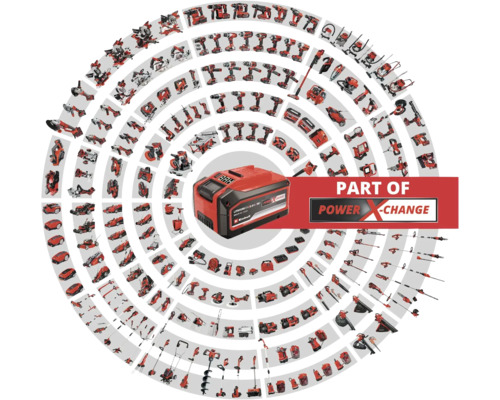 Un acumulator Einhell înconjurat de diverse unelte din sistemul Power X-Change.