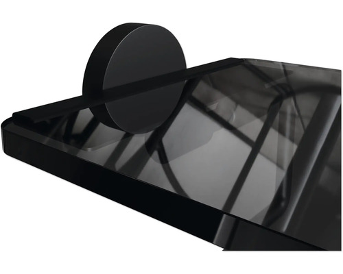 Imagine detaliată a unui raft negru din sticlă cu montare pe perete