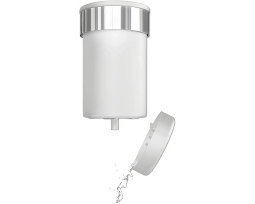 Dozator de săpun alb cu capac deschis și lichid care se scurge