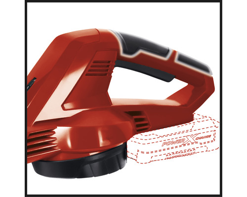 Vizualizare detaliată a unei freze de grădină roșii, alimentată cu acumulator