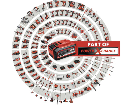 O baterie Einhell Power X-Change este înconjurată de scule Einhell.