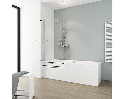 Baie cu paravan de cadă, baterie de duș și indicații de dimensiuni.