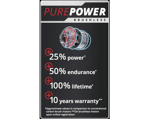 PurePower Brushless cu informații despre putere, durată de viață și garanție