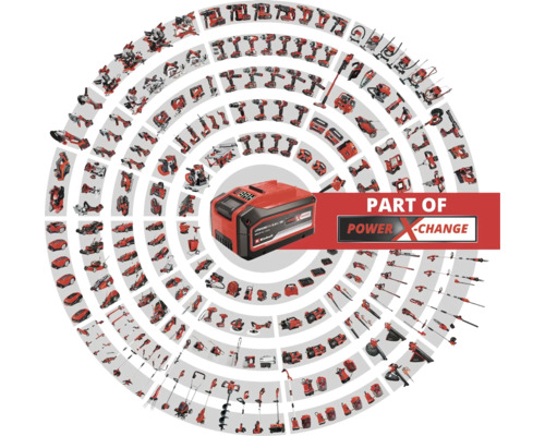 Baterie Einhell Power X-Change înconjurată de scule Einhell