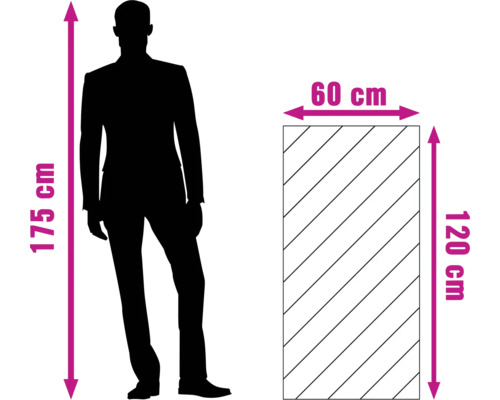 Ilustrație cu dimensiunile unui produs: 60 cm lățime și 120 cm înălțime, în comparație cu o persoană cu înălțimea de 175 cm.