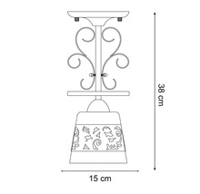 Desen tehnic al unei lămpi de plafon cu ornamente și dimensiunile de 38 cm înălțime și 15 cm lățime.