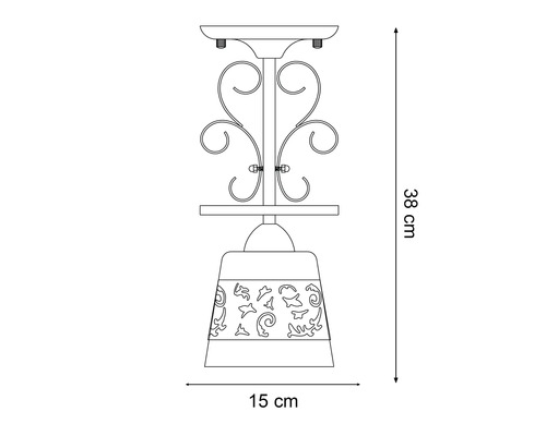Desen tehnic al unei lămpi de plafon cu ornamente și dimensiunile de 38 cm înălțime și 15 cm lățime.