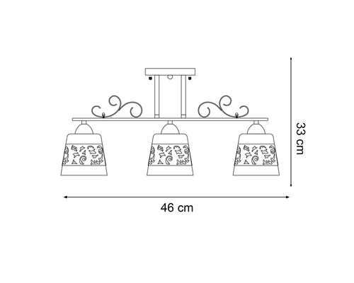 Schiță a unei lămpi de plafon cu trei becuri, dimensiuni: 46 x 33 centimetri