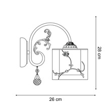 Desen tehnic al unei lămpi de perete cu model floral și dimensiuni de 26 cm pe 28 cm.