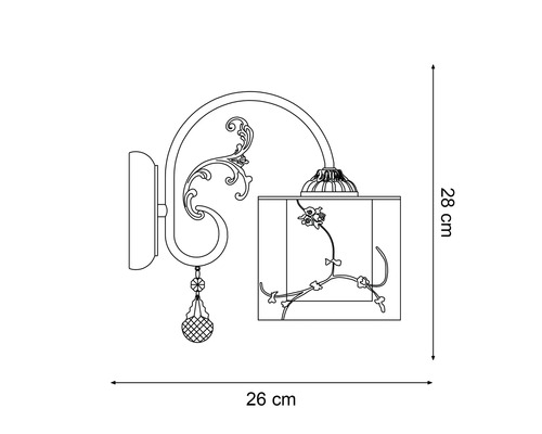 Desen tehnic al unei lămpi de perete cu model floral și dimensiuni de 26 cm pe 28 cm.