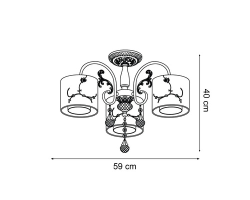 Desen al unei lămpi de tavan cu trei abajururi și dimensiuni de 59 pe 40 de centimetri.