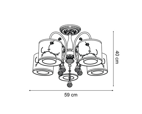 Desen tehnic al unei lămpi de plafon cu cinci lumini și dimensiunile de 59 pe 40 centimetri.