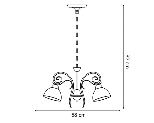 Desen al unei lămpi suspendate cu trei becuri, înaltă de 82 cm și lată de 58 cm.