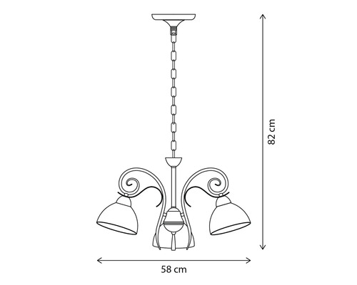 Desen al unui corp de iluminat suspendat cu trei lămpi și dimensiunile de 82 cm înălțime și 58 cm lățime
