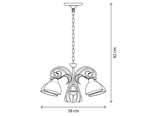 Desen tehnic al unui corp de iluminat suspendat cu trei lămpi și dimensiunile de 82 pe 58 centimetri.
