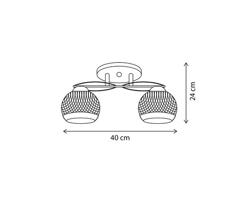 Desen tehnic al unei lămpi de tavan cu două becuri și dimensiunile de 40 pe 24 de centimetri.