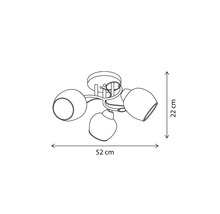 Desen tehnic al unei lămpi de tavan cu trei abajururi și dimensiuni de 52 pe 22 centimetri.