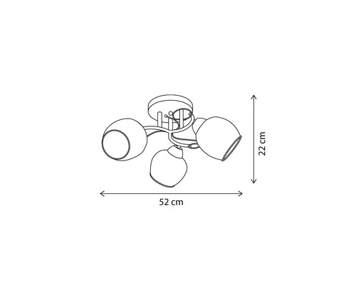 Desen tehnic al unei lămpi de tavan cu trei abajururi și dimensiuni de 52 pe 22 centimetri.