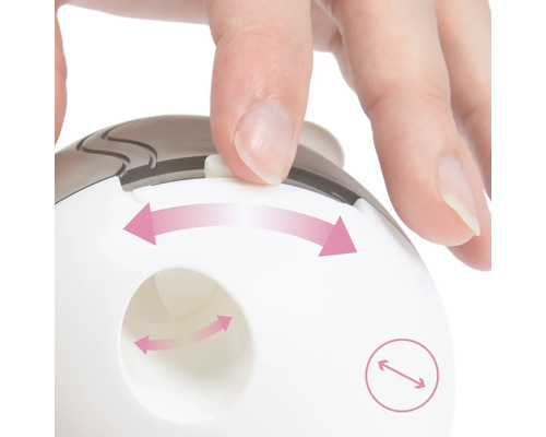 Prim-plan cu o mână care manevrează un buton pe un dispozitiv. Imaginea arată săgeți care ilustrează mișcarea rotativă a butonului.