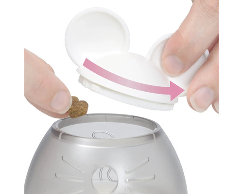 Umplerea unui dozator de hrană pentru pisici cu hrană uscată.