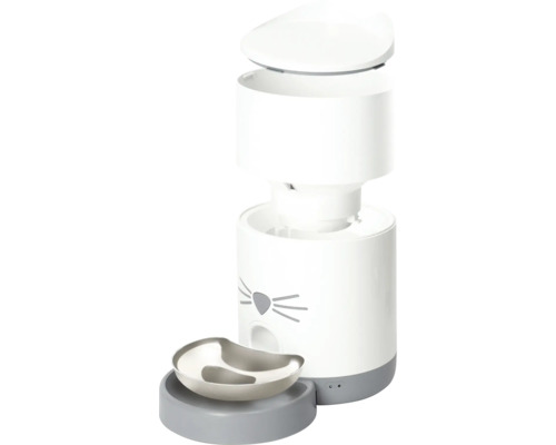 Distribuitor automat de hrană pentru pisici cu design de pisică și castron pentru hrană.