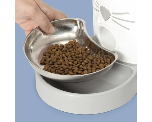 Distribuitor automat de hrană pentru pisici cu bol din oțel inoxidabil și hrană