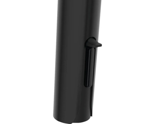 Vizualizare detaliată a unei perii de toaletă neagră cu recipient