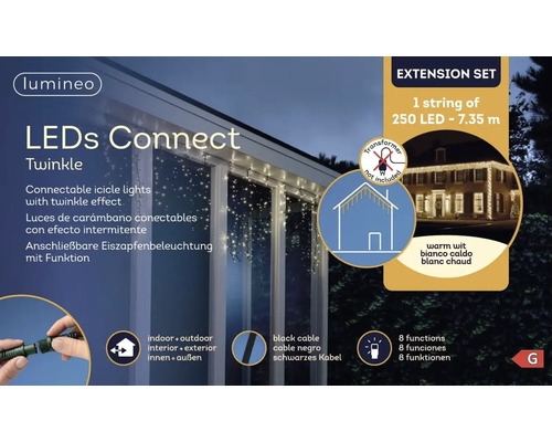 Șir de lumini tip țurțuri cu 250 de LED-uri și o lungime de 7,35 metri pentru utilizare în interior și exterior, transformatorul nu este inclus