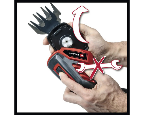 Logo Einhell. Imagine cu o foarfecă de tuns iarba cu accesoriu de tăiere detașabil. Nu este nevoie de nicio unealtă pentru înlocuire.