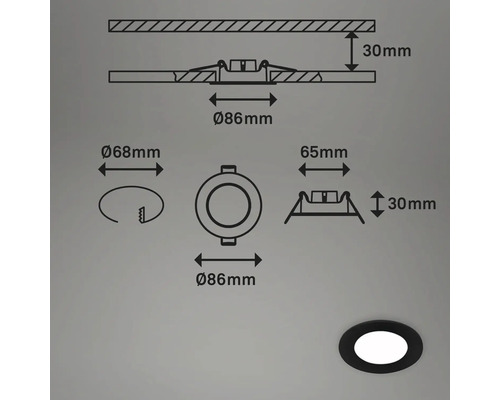 Desen tehnic al unui spot încastrat rotund cu dimensiunile de 86 milimetri în diametru și 30 milimetri în înălțime