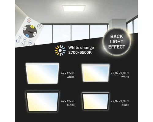 Lumină de tavan cu telecomandă, reglare lumină albă 2700-6500 Kelvin, dimensiuni 42 x 42 centimetri și 29,3 x 29,3 centimetri, culori alb și negru