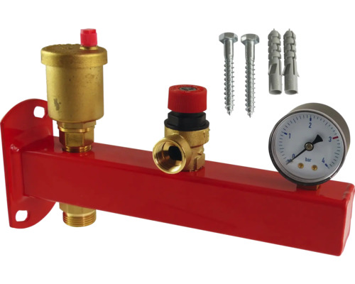 Distribuitor circuit de încălzire cu aerisitor automat, supapă de siguranță și manometru, inclusiv șuruburi și dibluri