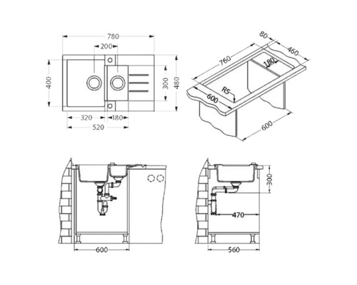 Desen tehnic al unei chiuvete de bucătărie cu dimensiuni.