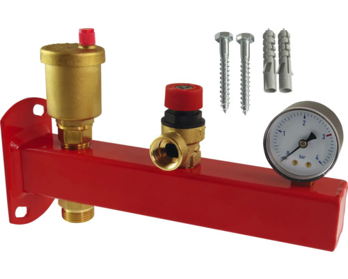 Distribuitor circuit de încălzire cu manometru, aerisitor și supapă de siguranță, precum și șuruburi și dibluri
