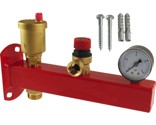 Distribuitor circuit de încălzire cu manometru, aerisitor, supapă de siguranță și material de fixare