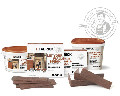 Gama de produse Elabrick cu fâșii de cărămidă, fâșii de cărămidă de colț, grund și mortar adeziv