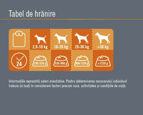 Tabel de hrănire pentru câini cu indicații de greutate și recomandări de hrănire