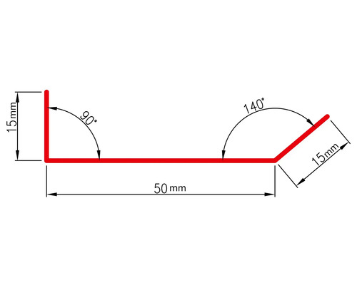 Desen tehnic al unui unghi cu dimensiunile de 15 mm, 50 mm și unghiuri de 140 de grade și 90 de grade