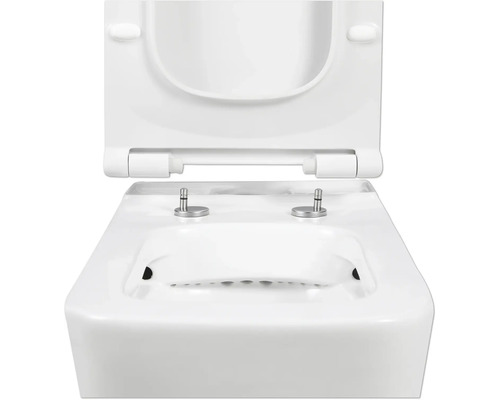 Toaletă albă cu capac deschis pentru baie