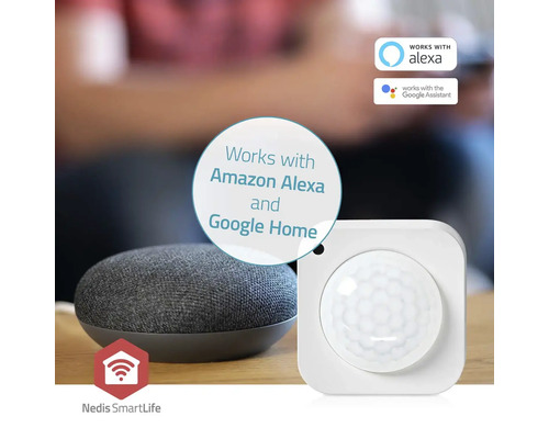 Scenă cu un dispozitiv Google Home și un detector de mișcare, compatibil cu Amazon Alexa și Google Home