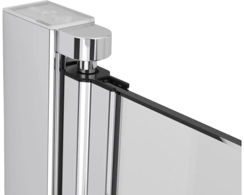 Vizualizare detaliată a unei cabine de duș cu elemente de sticlă și feronerie