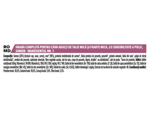 Informații despre compoziția hranei pentru câini de talie mică și foarte mică, cu sensibilitate a pielii.