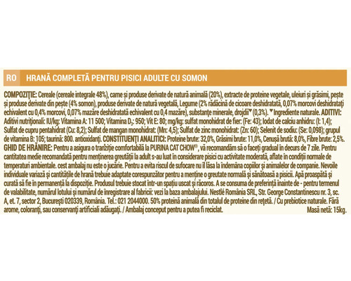 Informații despre ingredientele și valorile nutriționale ale hranei pentru pisici